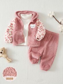 SHEIN Baby Girl Cartoon Embroidery Patchwork Leopard Print Long Sleeve Zipper Front Fleece Hooded Winter Jacket And Pants Set Autumn - Burgundy - View 9