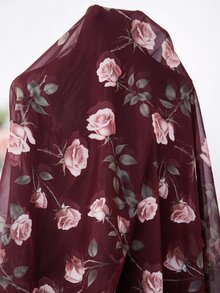 Amorya 女款花卉印花方領長袖優雅洋裝 - 酒紅色 - 查看 2