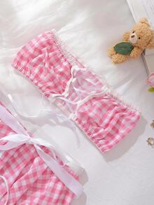 Spicy Aura Sexy Sweet Cute Plaid Lace-Up Contrast Color Maid Lingerie Set 4pcs Red & White - Pink - View 5