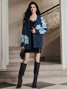 Anewsta Elegant Romantic Long Sleeve Fashionable Commuter Floral Rhinestone Studded Women's Open Front Blouse - Blue - View 5
