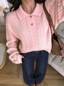 Autumina Áo len nữ cổ polo dệt vặn thừng vai trễ tay dài phong cách thường ngày - Hồng - Xem 4