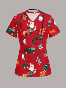 PopScrub Fun Christmas Red Santa Claus Snowman Gingerbread Man Socks Car Women's Scrub Uniform Top - Multicolor - View 1