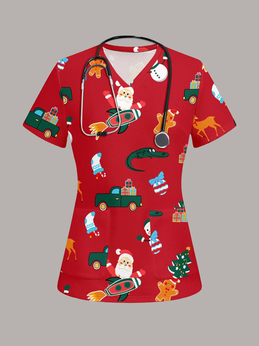 PopScrub Fun Christmas Red Santa Claus Snowman Gingerbread Man Socks Car Women's Scrub Uniform Top - Multicolor - View 1