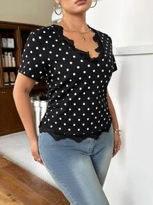 Rivivi Plus Size Women Polka Dot Contrast Lace V-Neck Short Sleeve Fashion Denim Top - Black - View 3