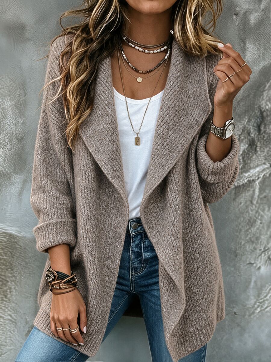 SHEIN Waterfall Collar Drop Shoulder Cardigan - Khaki - View 1