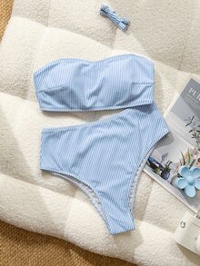Swim Vcay Women's Sweet Blue & White Striped Textured Bandeau Detachable Shoulder Strap Two-Piece Swimsuit Set - Baby Blue - View 4