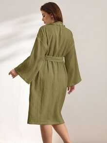 Ocili Leisure Pure Cotton Double Layer Crepe Fabric Minimalist Comfortable Frill Trim Long Robe Women's Loungewear Plus Size - Dark Green - View 3