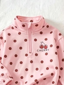 SHEIN 女童甜美粉色圓點半拉鍊運動衫與寬腿褲套裝，櫻桃厚抓絨內裡秋冬長袖上衣套裝 - 粉色 - 查看 6