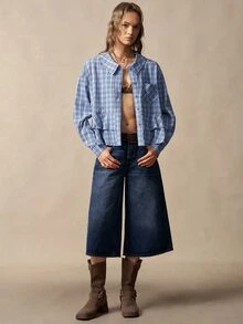 Bohemela Women's Plaid Long Sleeve Single-Breasted Pocket Ruffle Hem Casual Shirt - Blue - View 6