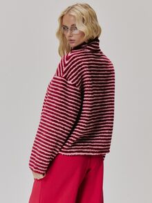 MUSERA Borg Fleece Stripey High Neck Zip Through Jacket Cute Daily Vintage Y2K Back To School Primary - Red - View 5