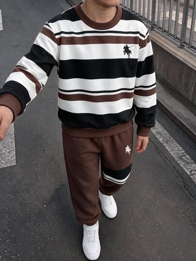 Teen Boy Casual Minimalist Long Sleeve Comfortable Crew Neck Sweatshirt And Pants 2 Pieces Set, Suitable For Autumn/Winter, Classic Retro Casual Striped Pattern Print, Exquisite Small Horse Rider Logo Print, Perfect For Back To School Season