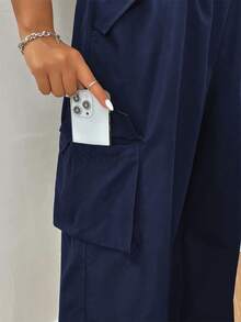 SHEIN EZwear 海軍藍直筒大尺碼女款工裝口袋休閒長褲 - 藏蓝色 - 查看 3