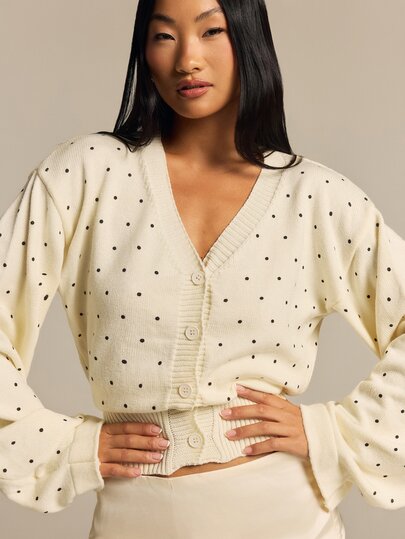 COSMINA Women's Polka Dot Pattern V-Neck Long Sleeve Cinched Waist Loose Sleeves Knit Cardigan Sweater Autumn Winter