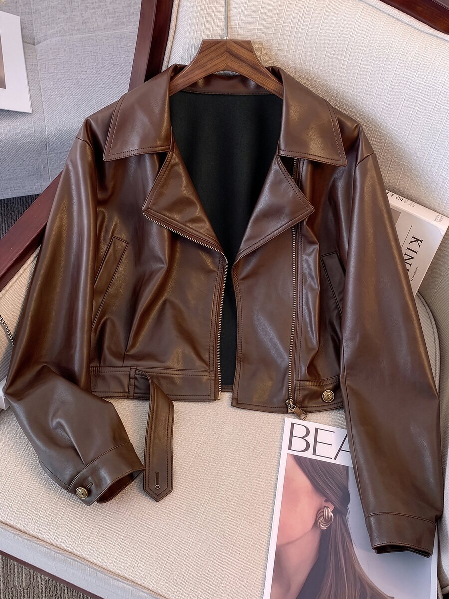 GlowEve CURVE Plus Size Women's Solid Color PU Leather Fashion Versatile Long Sleeve Jacket - Brown - View 1