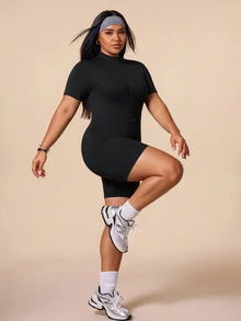 Rhythm Era Plus Size Sports Jumpsuit With Half-Zip Stand Collar, Slim Fit Body-Shaping Ribbed Texture Tight Short Sleeve Jumpsuit - Black - View 4