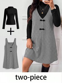 Lounesse Plus Size Women Solid Color Long Sleeve T-Shirt And Houndstooth Pattern Button Design Sleeveless Dress Elegant 2 Pieces Set - Black and White - View 1