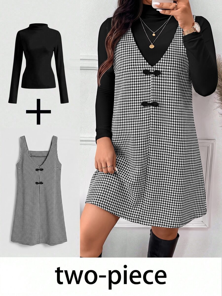 Lounesse Plus Size Women Solid Color Long Sleeve T-Shirt And Houndstooth Pattern Button Design Sleeveless Dress Elegant 2 Pieces Set - Black and White - View 1