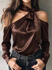 Velvienne Plus Size Women's Sexy Asymmetrical Shoulder Long Sleeve Blouse, Early Spring Faux Acetate Wrinkle-Resistant Versatile Chic Top - Brown - View 3