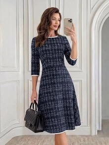 Medorina Women's Plaid Round Neck 3/4 Sleeve Elegant Mid-Length Dress - Navy Blue - View 5