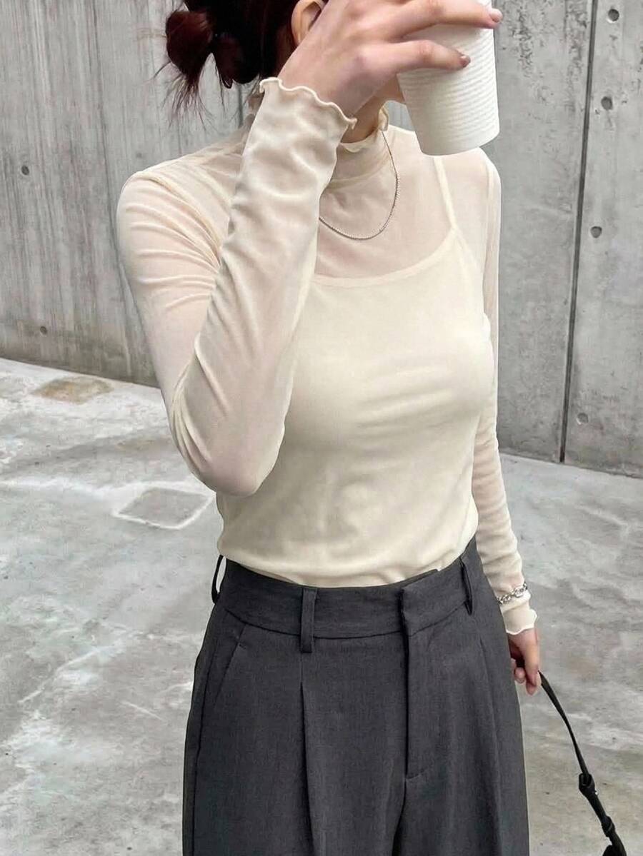 FRIFUL 女款純色立領修身透視網紗長袖上衣 - 米色 - 查看 1