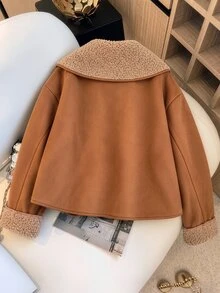 GlowEve CURVE Women's Plus Size Brown Shearling Jacket With Buttons, Fashion Style Winter Thanksgiving Holiday Going Out Casual Baggy - Brown - View 2