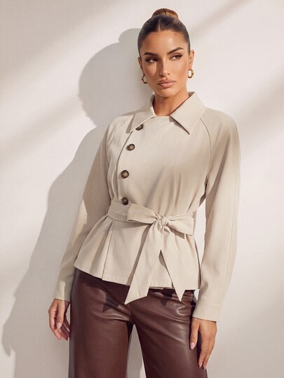SHEIN Uhlyne Women's Autumn/Winter Casual Fitted Khaki Asymmetric Front Cinched Waist Waist Regular Long Sleeve Trench Coat, Women's Spring Light Khaki Thin Trench Coat, Office Worker Teacher Commute Minimalist Business Office Trench Coat, Women's Street Retro Old Money Style Trench Coat