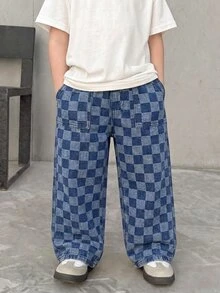 青少年男孩時尚休閒條紋深淺藍色寬鬆舒適牛仔褲，適合上學穿著 - 藍色 - 查看 3