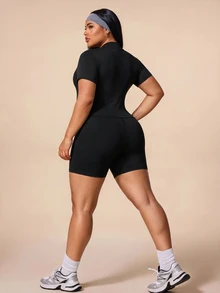 Rhythm Era Plus Size Sports Jumpsuit With Half-Zip Stand Collar, Slim Fit Body-Shaping Ribbed Texture Tight Short Sleeve Jumpsuit - Black - View 2