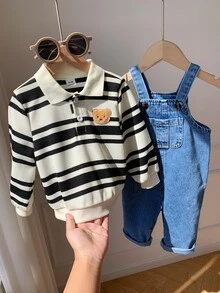 SHEIN 2件組男嬰秋冬休閒條紋衛衣與牛仔吊帶長褲套裝，衛衣套裝，嬰兒套裝，秋冬套裝，吊帶褲套裝，條紋套裝 - 彩色 - 查看 6