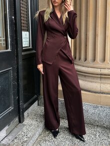 Aloruh Setelan Kerja Wanita Elegan, Warna Burgundy, 2 Potongan, Blazer Lengan Panjang dan Celana Panjang Warna Polos untuk Musim Gugur/Dingin - Burgundy - View 3