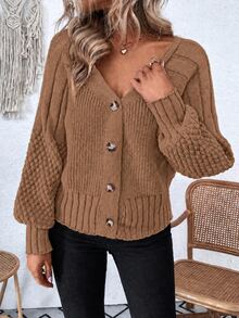 EMERY ROSE Raglan Sleeve Textured Knit Cardigan,Long Sleeve Tops Fall Winter Cloth For Women - Rust Brown - View 7