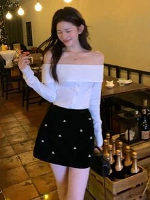 DAZY Women's Versatile Korean Style Casual 3D Decor Autumn/Winter Elegant Skirt - Black - View 8