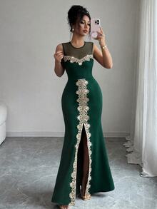Selianne 女款對比刺繡圓領網紗拼接高開衩無袖洋裝 - 墨綠色 - 查看 4