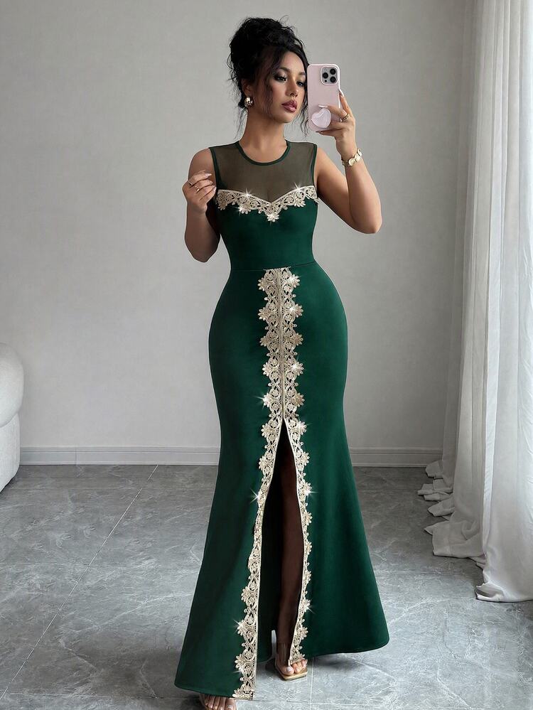 Selianne Women's Contrast Embroidery Round Neck Mesh Patchwork High Slit Sleeveless Dress - Dark Green - View 4