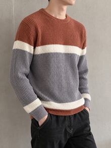 TONEVAULT Áo len nam kiểu Mỹ casual phối màu kẻ sọc, phong cách Old Money retro patchwork, dáng rộng, cổ tròn, tay dài, dệt kim chui đầu, mặc đi làm và thường ngày mùa thu/đông - Nhiều màu - Xem 1