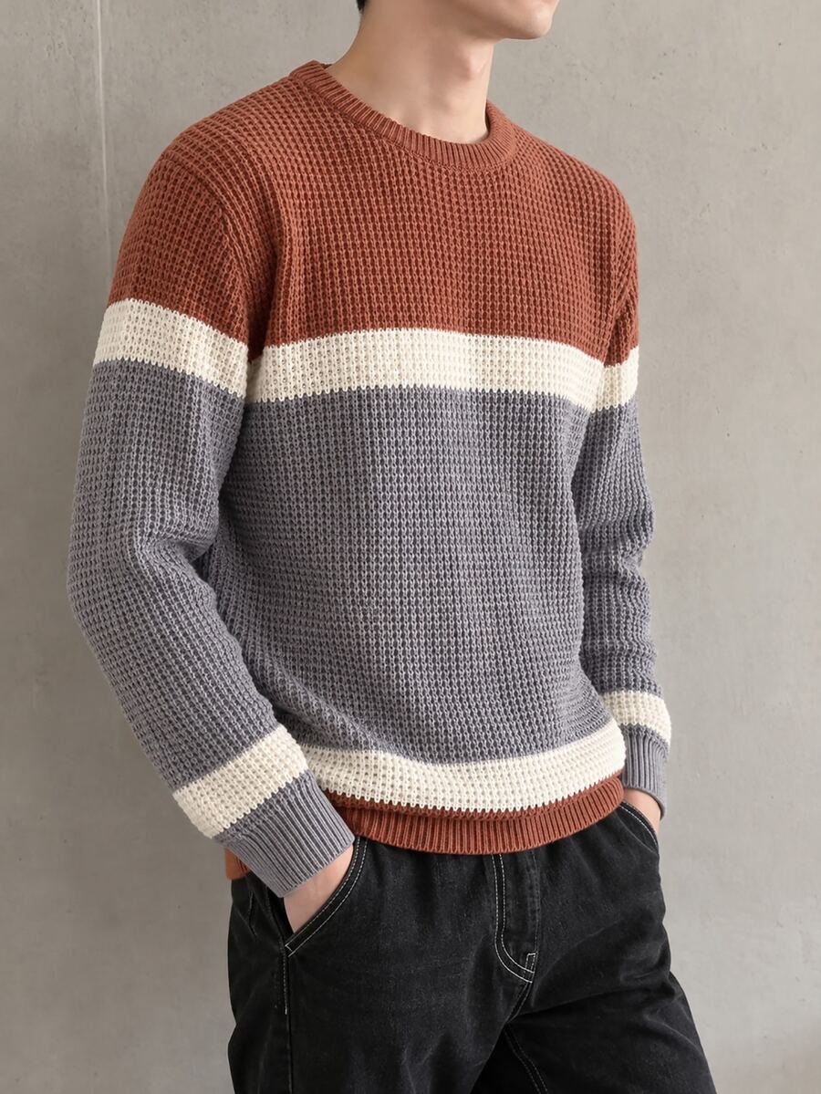 TONEVAULT Áo len nam kiểu Mỹ casual phối màu kẻ sọc, phong cách Old Money retro patchwork, dáng rộng, cổ tròn, tay dài, dệt kim chui đầu, mặc đi làm và thường ngày mùa thu/đông - Nhiều màu - Xem 1