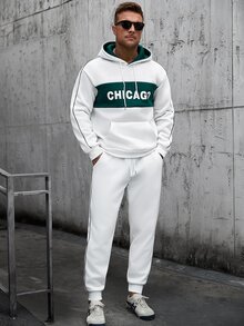Manfinity CasualCool Men's Hooded Sweatshirt Set, Double-Layer Hood With Contrast Color Design, Contrast Color Piping Trim Craftsmanship, Top With Patchwork Print, Hooded Sweatshirt With Pockets And Drawstring, Paired With Elastic Waist Sweatpants, Pants With Contrast Color Piping Design On Side Seams, Pockets And Drawstring, Loose Fit, Autumn/Winter Men's Hooded Sweatshirt Set - White - View 6