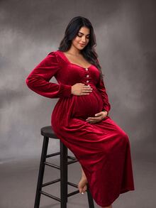 SHEIN Gaun Pesta Malam Hamil Ukuran Plus Lengan Panjang Beludru Burgundy Leher Persegi Dekorasi Gesper Berlian Potongan A-Line Elegan - Burgundy - View 6