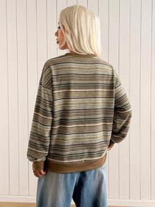 SHEIN EZwear 女款休閒圓領寬鬆條紋運動衫，秋冬服飾 - 白色 - 查看 2