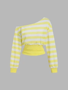 Sweetra Striped Asymmetric Shoulder Long Sleeve Pullover Sweatshirt For Women - Yellow - View 1