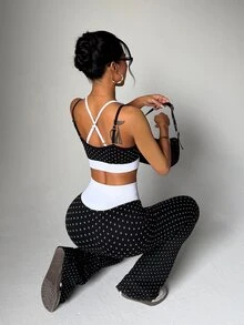SHEIN Sovereign Charm Seamless Knit Women's Polka Dot Sports Set - Black - View 6