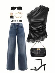 Siren Gaze Women's Sexy One Shoulder Ruched Lace Patchwork Top - Black - View 3