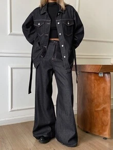 DAZY Women's Knot Waist Long Sleeve Top And Long Pants Casual Daily Denim Set Fall - Dark Wash - View 2