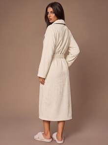 Lazeform Ribbed Plush INS Casual Contrast Trim Beige Long Sleeve Lapel Pocket Black Patch Decor Women's Robe - Beige - View 2