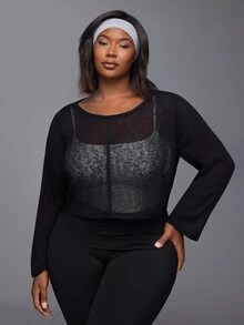 Voyena Women's Plus Size Solid Color Round Neck Drop Shoulder Long Sleeve Casual Fitness Sports T-Shirt - Black - View 1