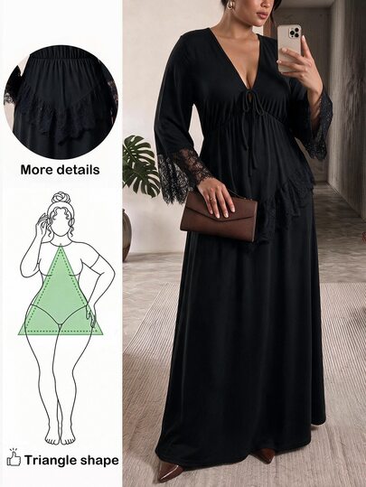 Truni Vestido de mujer talla grande con patchwork de encaje, manga larga, cuello en V y cintura ajustada, Body pera, Body triángulo