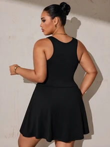 SHEIN Velisys Plus Size Athletic One-Piece Dress With Mesh Patchwork, Removable Padded Cups, Sexy Mesh Racerback, Wavy Hemline, Built-In Leggings, Yoga Tennis Style - Black - View 7