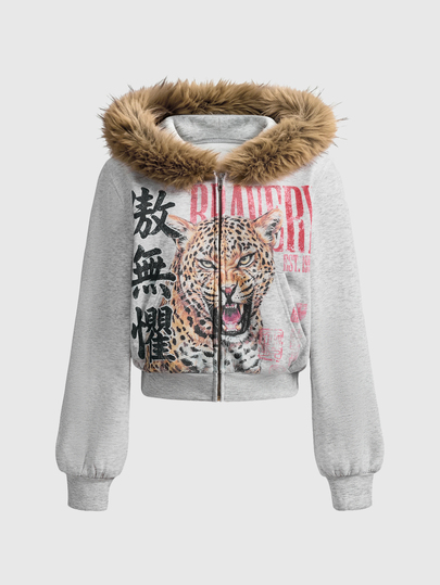 sweat-shirt femme polyvalent automne/hiver, style Y2K rétro Hot Girl Subculture, imprimé tigre nouveau style chinois, col en fourrure, ouverture devant