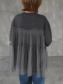 FRIFUL 女款字母貓咪印花圓領長袖拼接波點白色網紗荷葉邊休閒T恤，日常夏季穿搭 - 灰色 - 查看 4