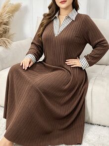 Lacomfia Gaun Kasual Wanita Ukuran Besar Model A-Line Bahu Persegi Motif Polkadot Patchwork Rajut Lembut Longgar - Coffee Brown - View 5